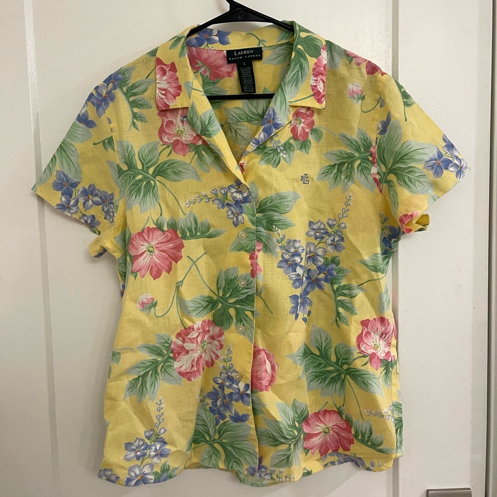 Vintage Linen Lauren Ralph Lauren Yellow Floral Button-Down Tropical Blouse